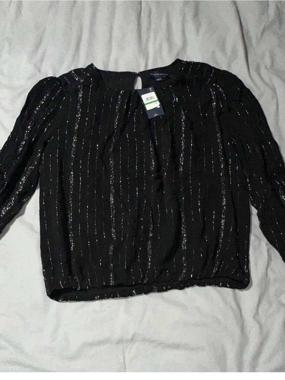 Tommy Hilfiger Black Metallic-Striped Long Sleeve Blouse